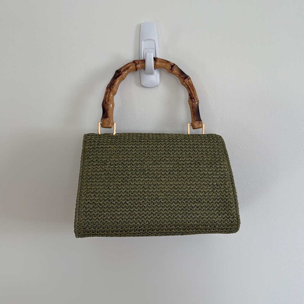 Green Woven Top-Handle Clutch with Bamboo Handle - Picture 2 of 3